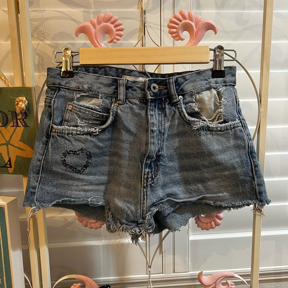 Zara Blue Jean Shorts Distressed High-Waisted